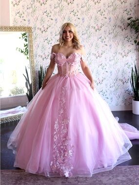 Quinceñeara Pink Ball Gown Dress with Floral Appliqué